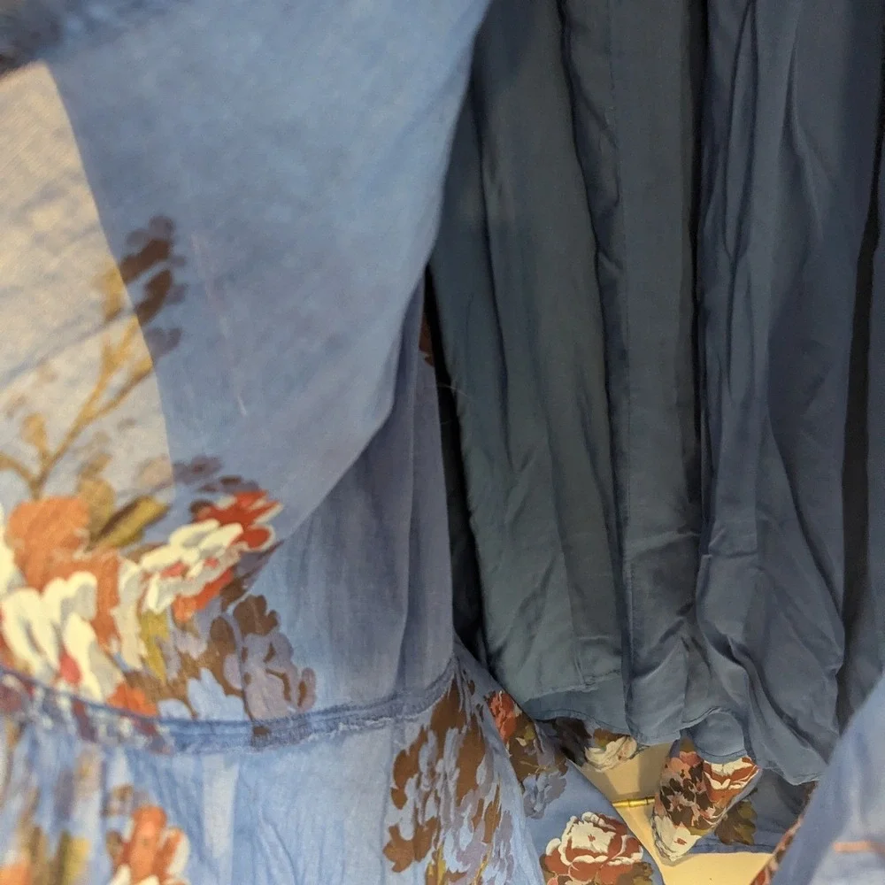Free People Midi Dress Blue Floral Smocked Puff Sleeve Sz M OB2003304 Boho NWT